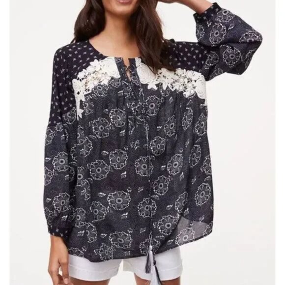 Ann Taylor Loft Dark Floral Print Lace Tassel Peasant Boho Long Sleeve Blouse - Picture 1 of 12